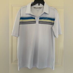Travis Mathew White Polo with Blue, Yellow & Gray Chest Stripes L